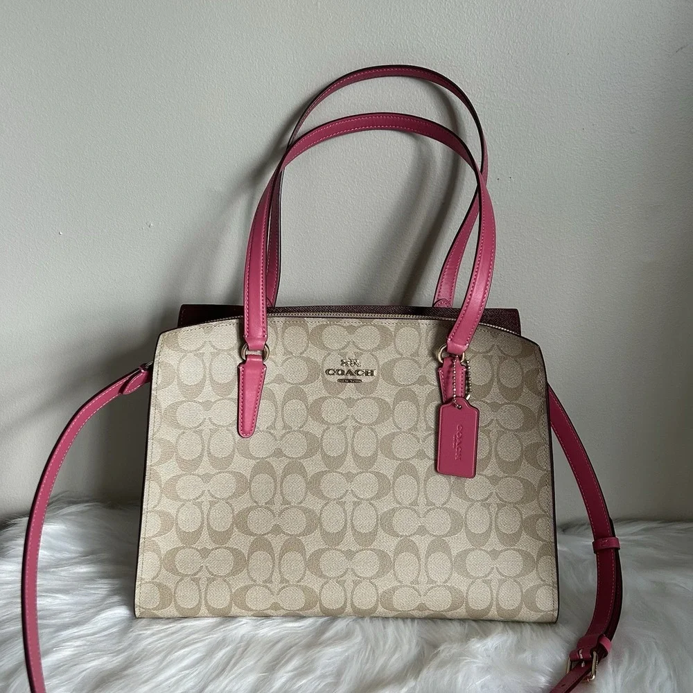 Coach Tatum Carryall 28 Khaki‎ Pink Signature Canvas Leather Bag Excellent